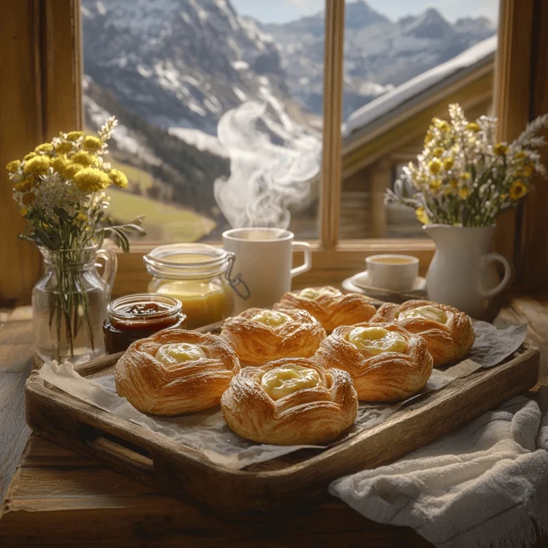 Golden pastries on a wooden tray with coffee and jam, overlooking an alpine mountain view.