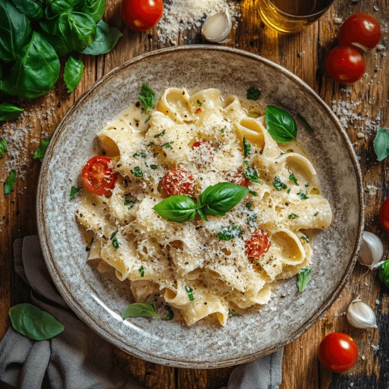 A plate of creamy lumache pasta garnished with fresh basil leaves, grated Parmesan, and cherry tomatoes, served on a rustic wooden table with scattered garlic cloves and basil leaves.