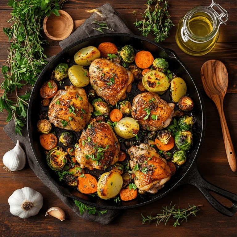 Cast iron skillet filled with roasted chicken thighs, carrots, Brussels sprouts, and potatoes on a rustic wooden table.