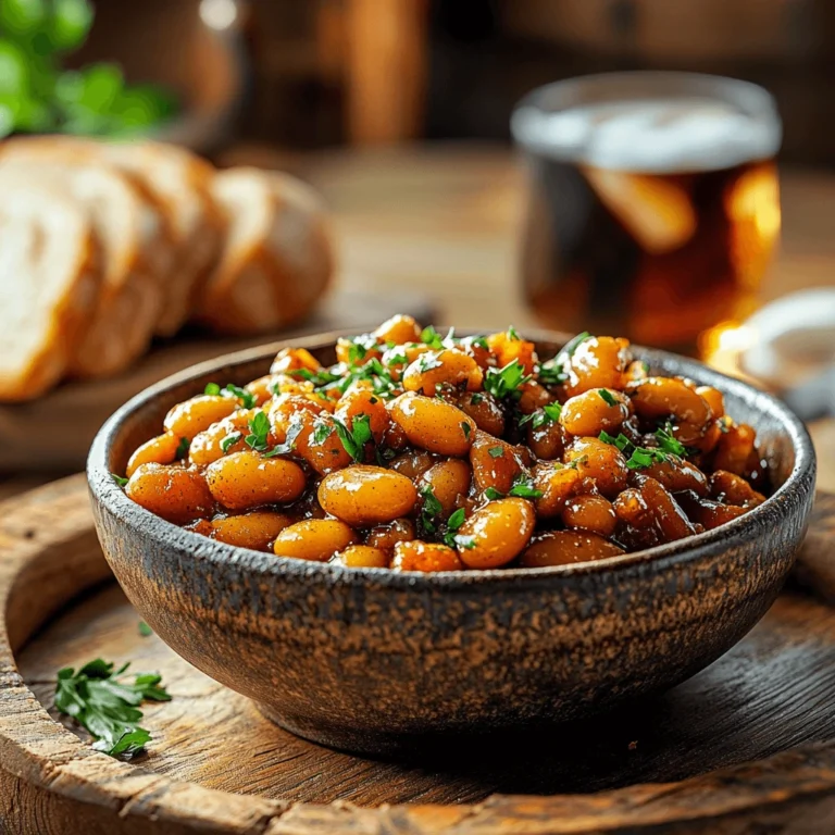 A rustic bowl of homemade baked beans garnished with fresh parsley, served on a wooden table with crusty bread and iced tea in the background.