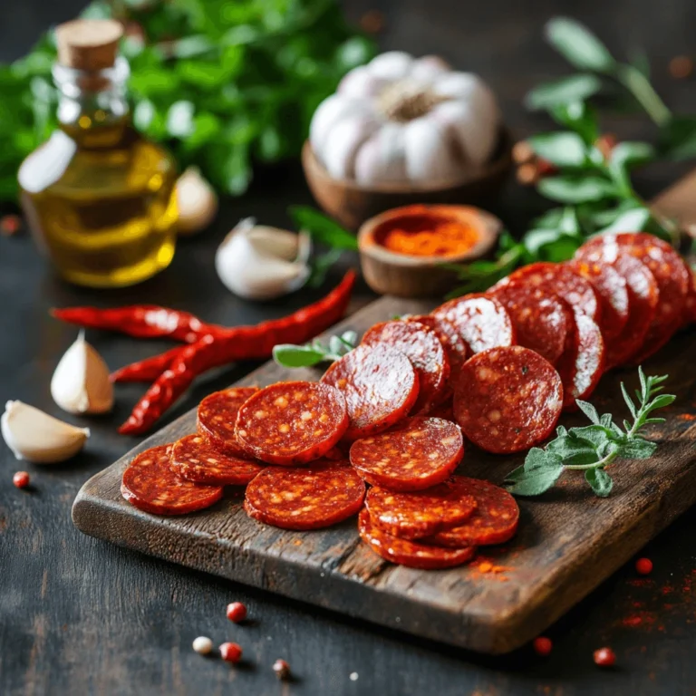 Sliced beef pepperoni on a rustic wooden board surrounded by garlic cloves, red chili peppers, and olive oil.