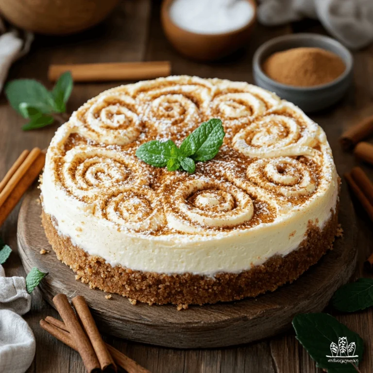 A beautifully decorated cinnamon roll cheesecake with cinnamon swirls and a mint garnish on a rustic wooden table.