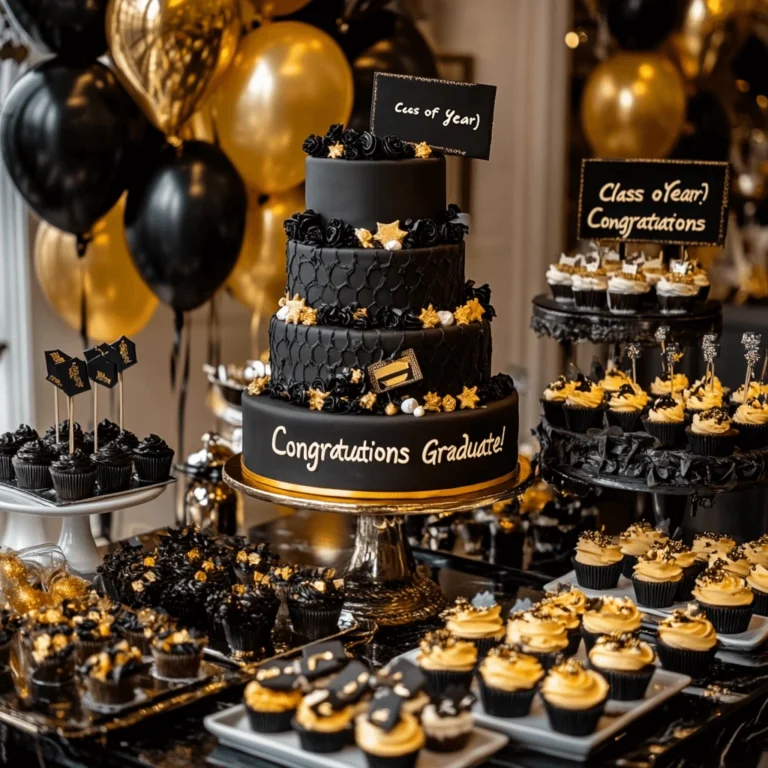 A festive table with tiered cakes, a "Class of [Year]" sheet cake, and a cupcake tower surrounded by balloons and decorations.