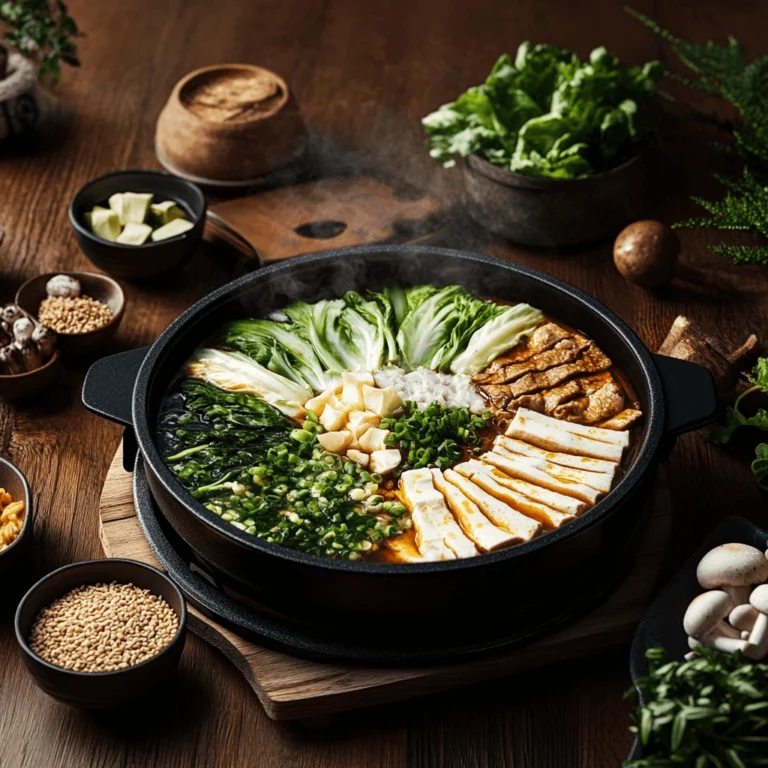 A beautifully arranged Mille Feuille Nabe in a steaming hot pot, featuring layers of napa cabbage, tofu, mushrooms, and green onions on a rustic wooden table.