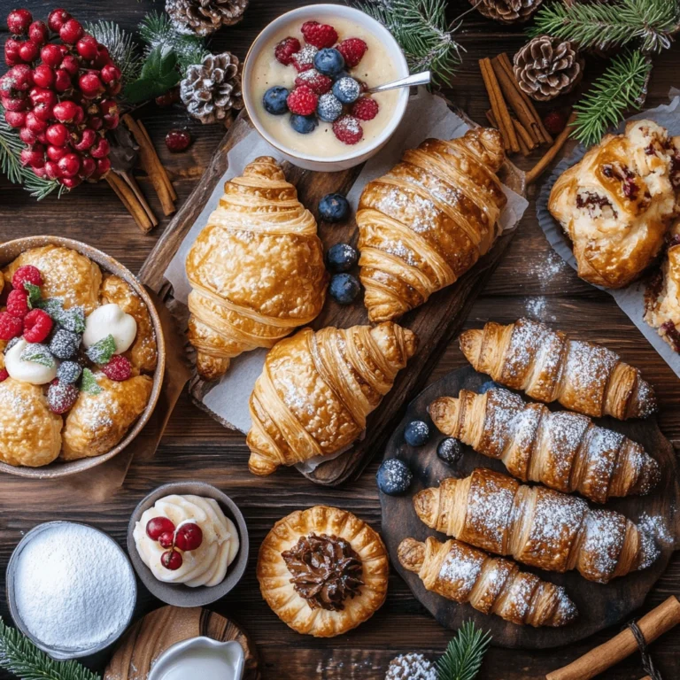 A vibrant assortment of puff pastry desserts including croissants, fruit-filled pastries, and custard tarts surrounded by fresh berries and holiday décor.