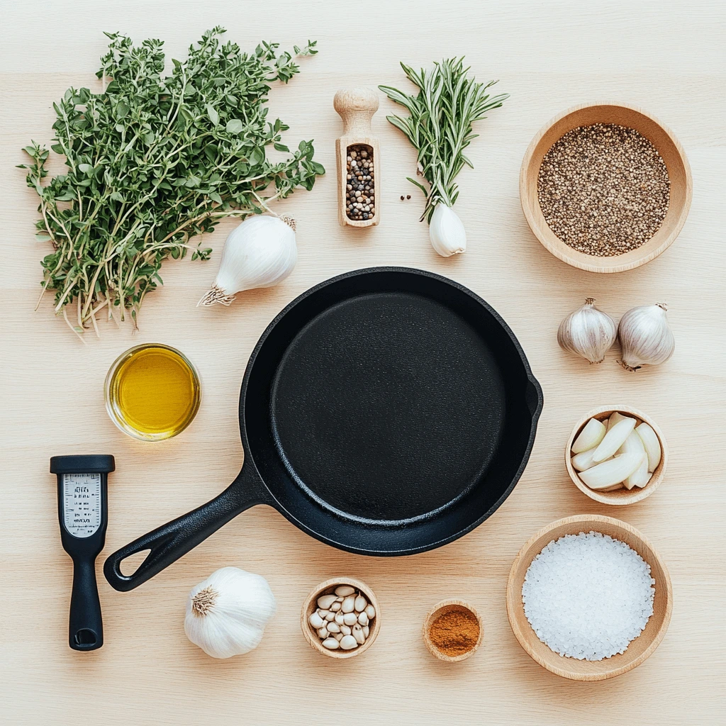 Essential tools and ingredients for pan roasting, including a cast iron skillet, fresh herbs, garlic, spices, and olive oil.