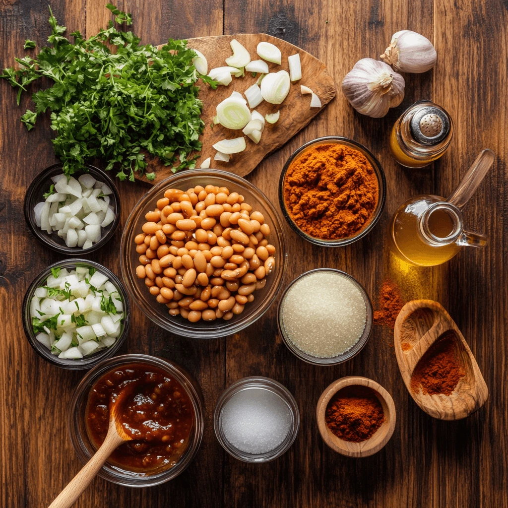 An overhead view of fresh ingredients for a baked beans recipe, including navy beans, onions, garlic, parsley, molasses, spices, and more on a wooden surface.