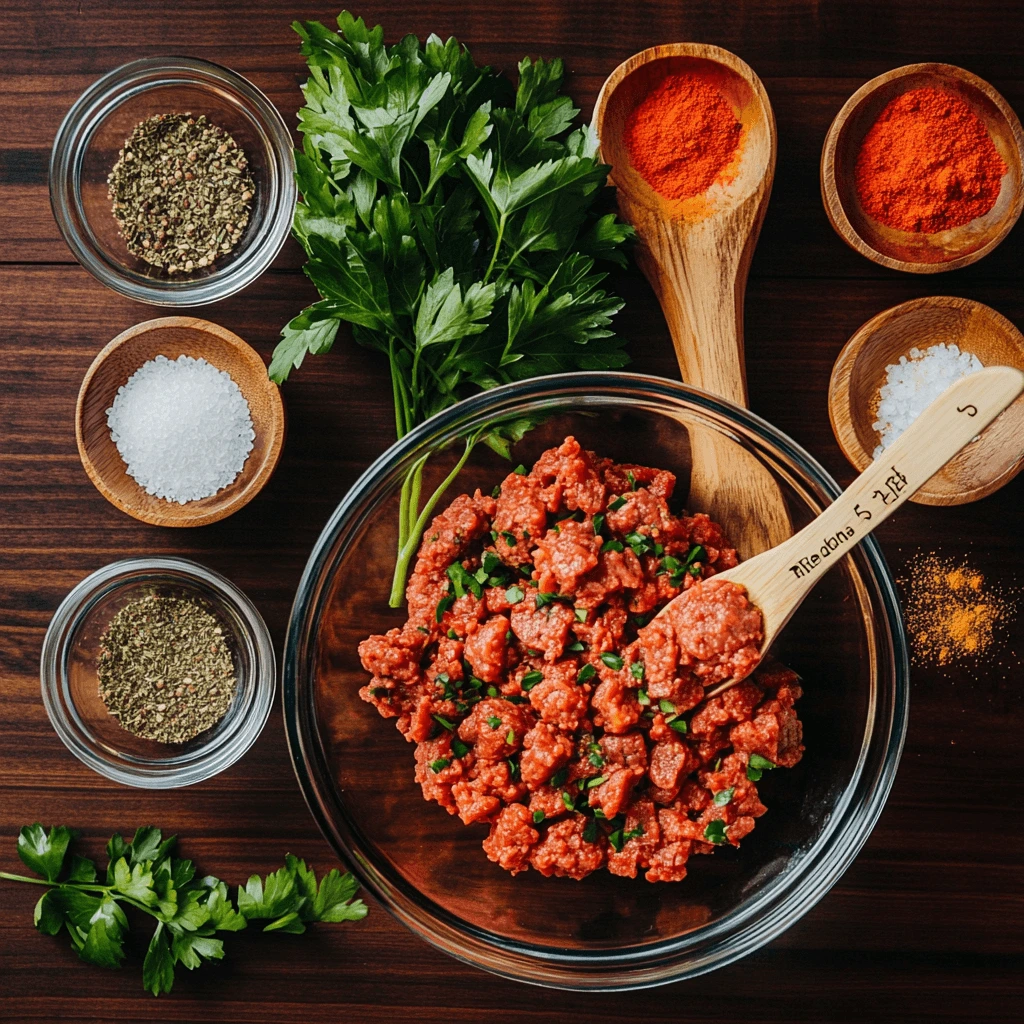 Ingredients for beef pepperoni, including ground beef, spices, and fresh parsley, arranged on a wooden table.