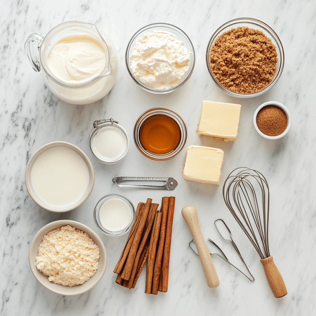 Ingredients for cinnamon roll cheesecake displayed on a marble countertop, including cream cheese, cinnamon sticks, and brown sugar.