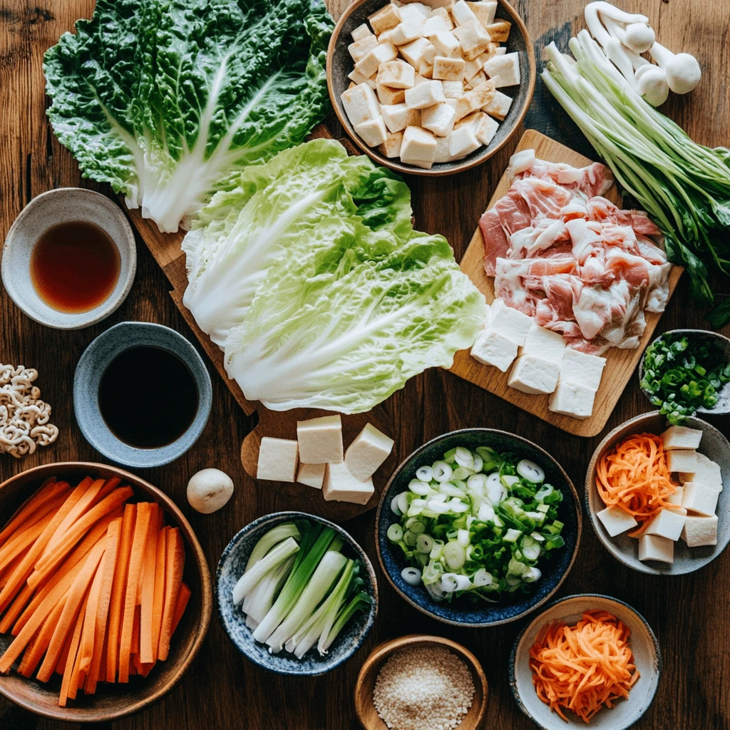 A flat-lay display of Mille Feuille Nabe ingredients, including napa cabbage, tofu, carrots, green onions, and thinly sliced meat.