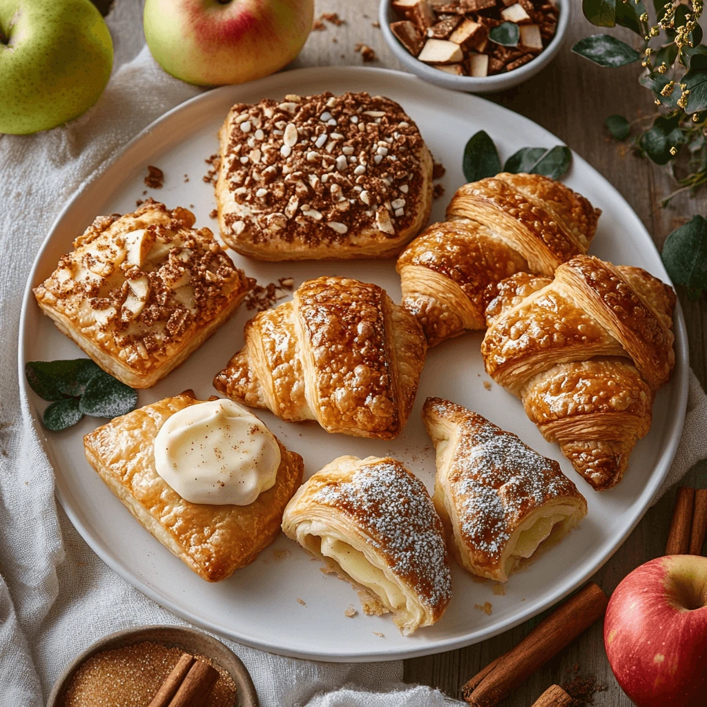 A plate of classic puff pastry desserts including apple turnovers, custard-filled pastries, and flaky croissants surrounded by fresh apples and cinnamon.