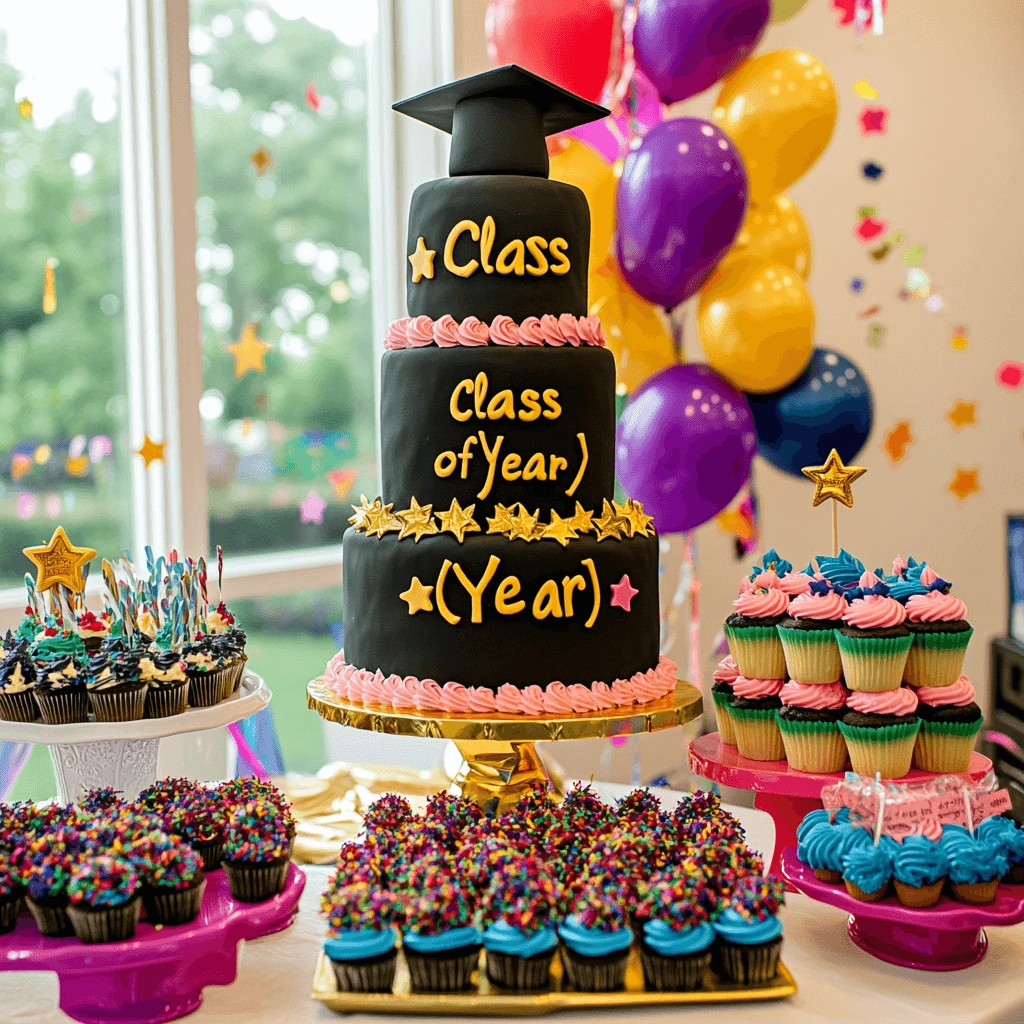 A table with tiered black-and-gold cakes, a sheet cake with "Class of [Year]," and a cupcake tower with edible decorations.