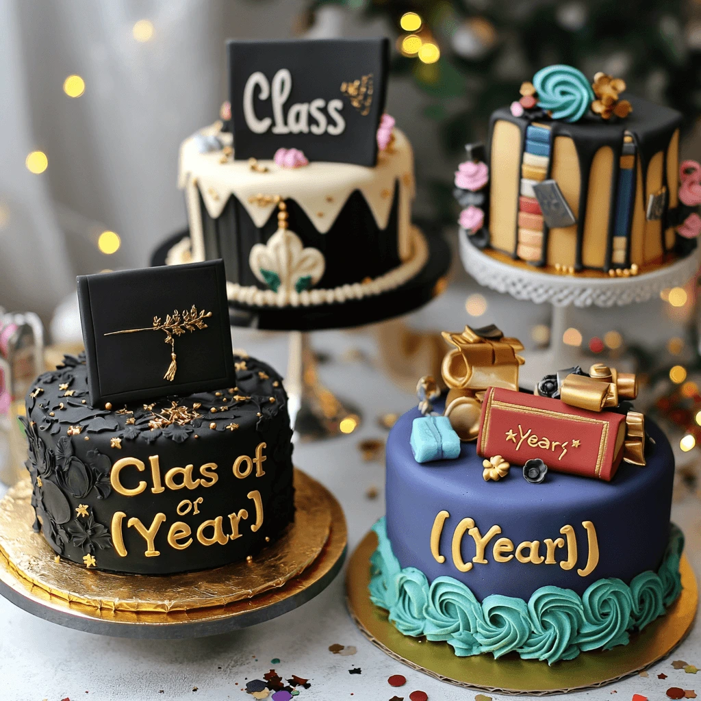 Stylish cakes with black-and-gold themes, bold "Class of [Year]" designs, and career-inspired decorations.