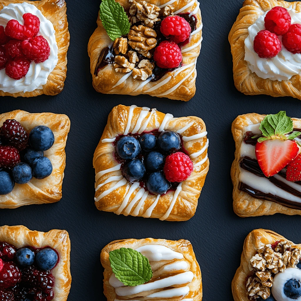 Creative puff pastry desserts topped with fresh berries, nuts, and drizzles of chocolate and icing arranged on a dark slate background.