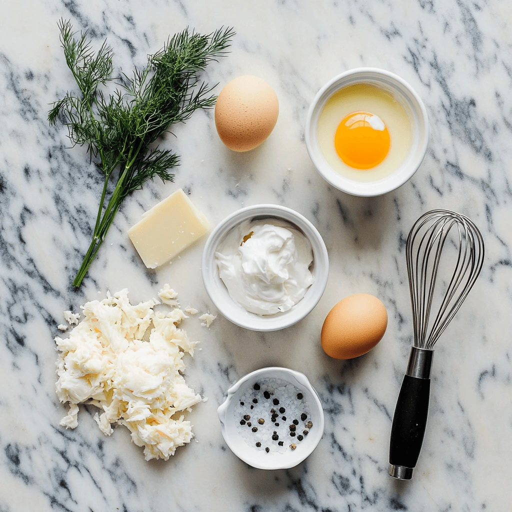 Fresh ingredients for crab brulee including crab meat, egg yolks, Parmesan cheese, and fresh dill arranged on a marble countertop.