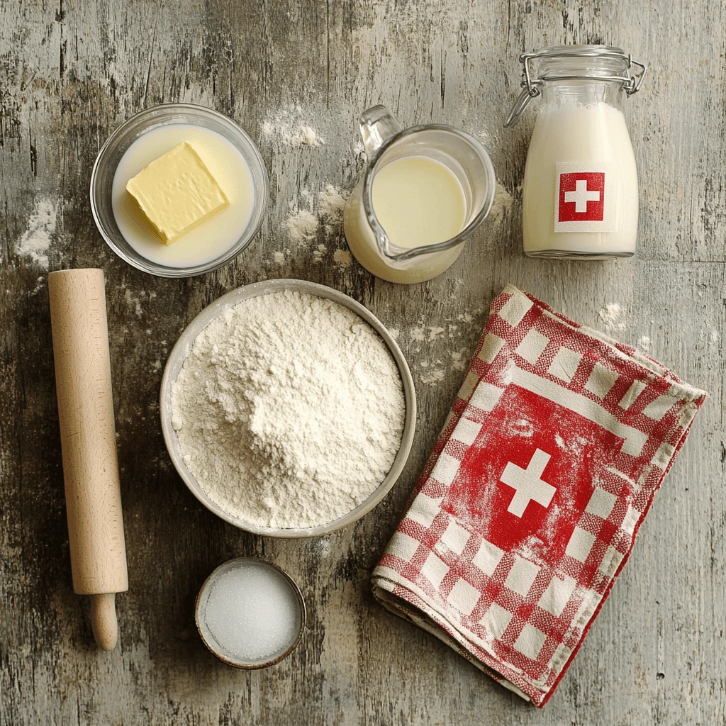 Ingredients for making Gipfeli, including butter, flour, milk, yeast, sugar, and a red-and-white Swiss-themed towel, arranged on a rustic table.