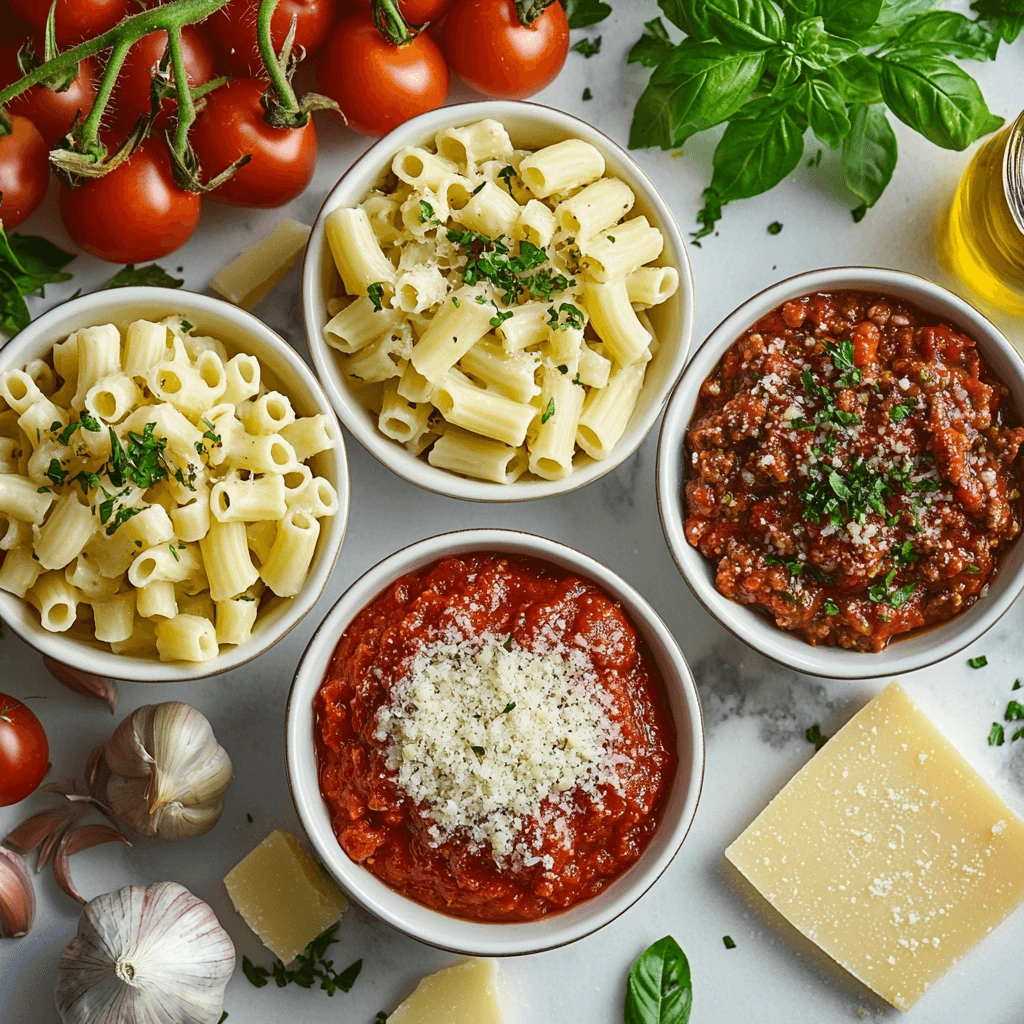 Four bowls of pasta and sauces, including marinara, Alfredo, and Bolognese, surrounded by fresh tomatoes, basil, and garlic.