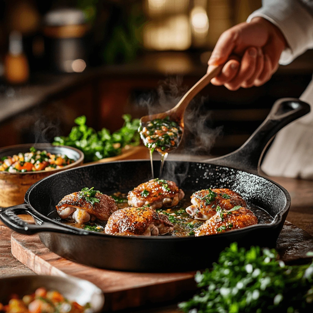 A close-up of chicken thighs being basted with sauce in a cast iron skillet, surrounded by fresh herbs and a cozy kitchen setting.