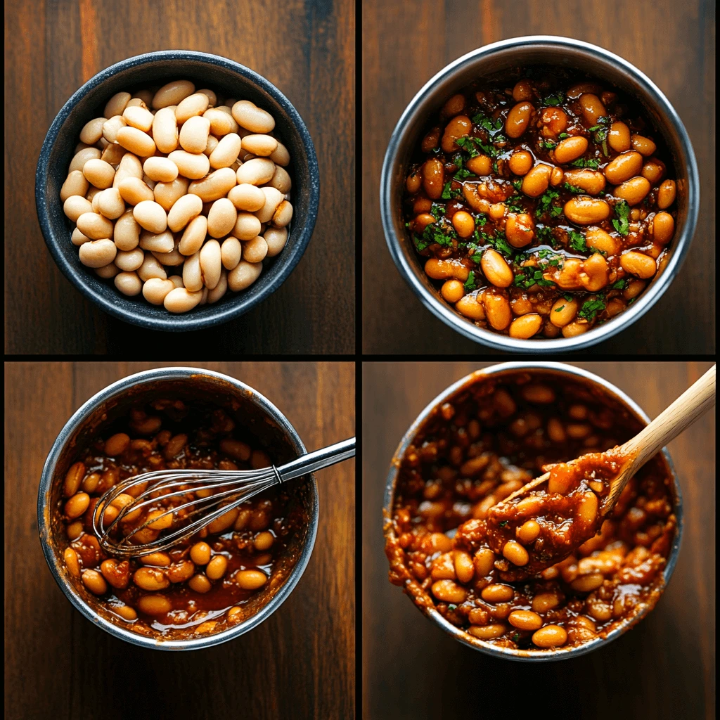 A collage showing the process of making baked beans, including soaked beans, sauce preparation, mixing the beans and sauce, and the final dish.