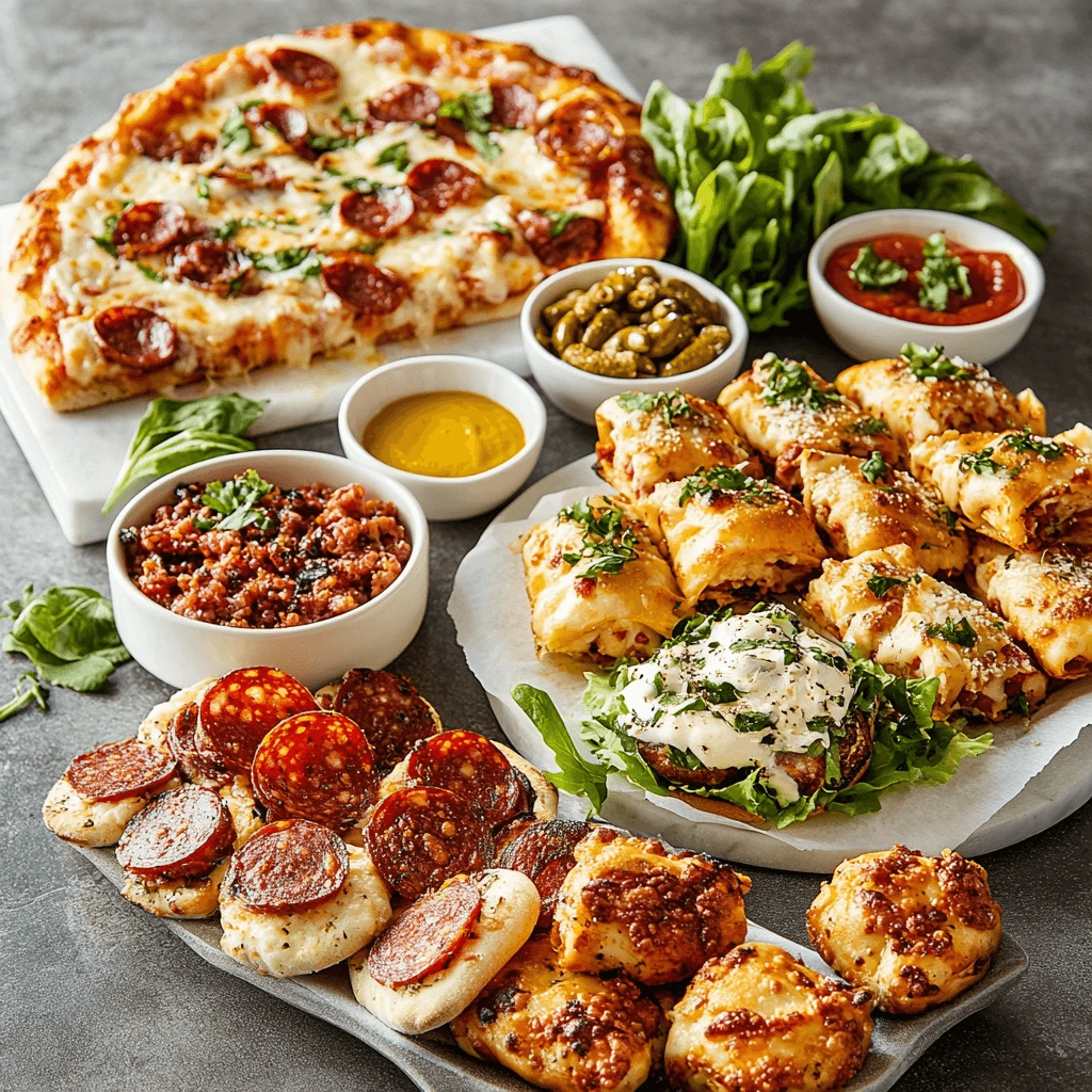 A vibrant spread of dishes using homemade beef pepperoni, including pizza, rolls, and appetizers.