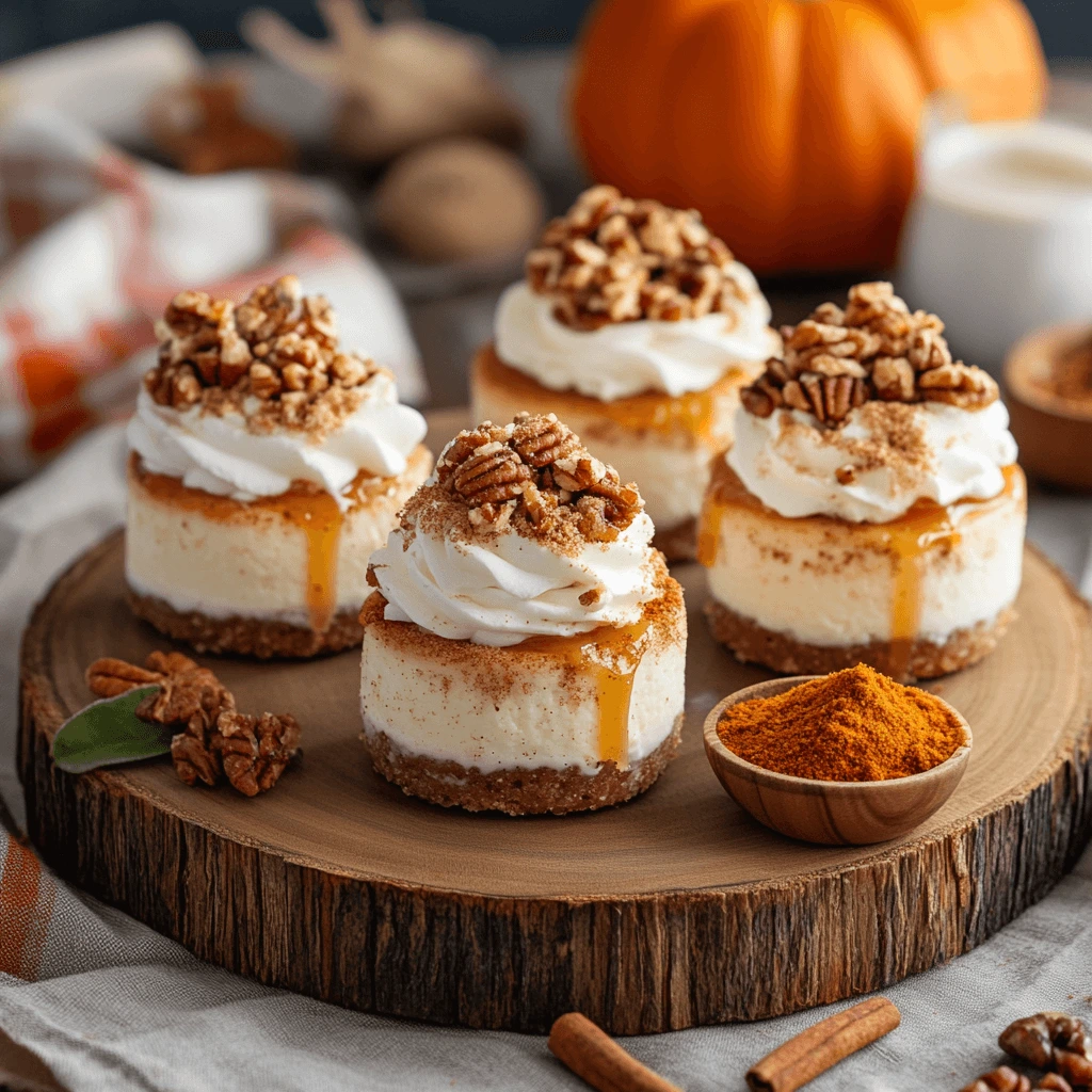 Mini cinnamon roll cheesecakes with whipped cream, caramel drizzle, and candied pecans on a wooden platter.