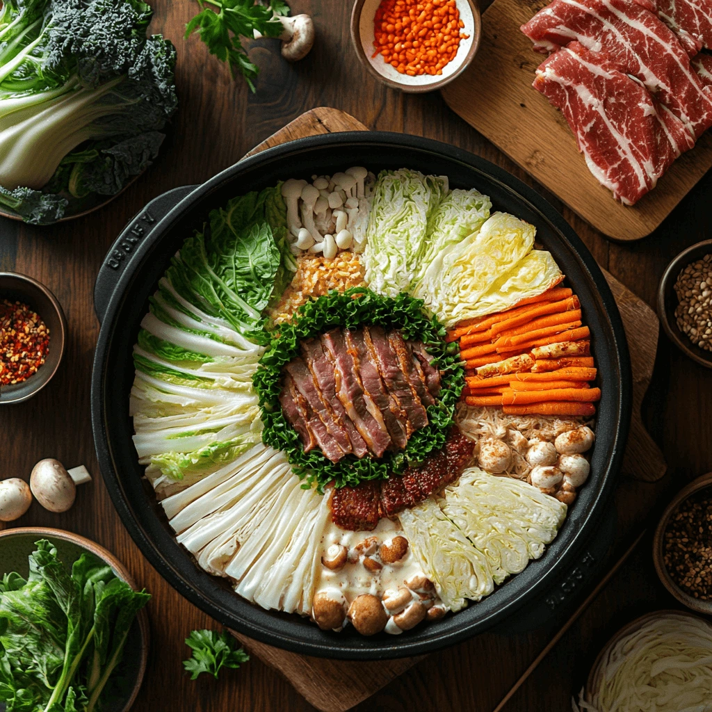 An elegantly arranged Mille Feuille Nabe pot with colorful layers of napa cabbage, carrots, mushrooms, and thinly sliced meat in a circular pattern.