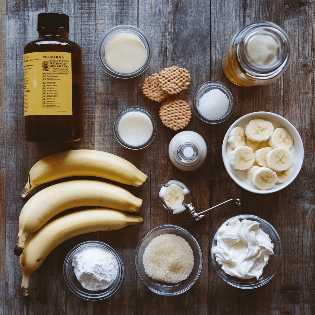 Ingredients for banana pudding moonshine arranged on a wooden table, including fresh bananas, cream, sugar, cookies, and vanilla extract.