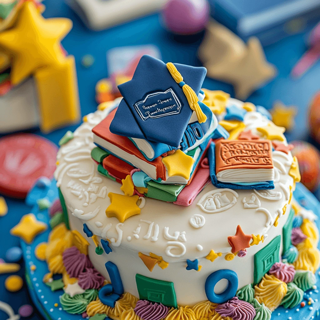 A personalized graduation cake with the graduate’s name and edible school logos in vibrant colors.