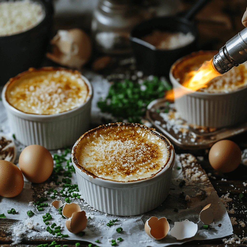 Crab brulee ramekins being caramelized with a blow torch, surrounded by fresh ingredients like eggs, chives, and grated cheese.