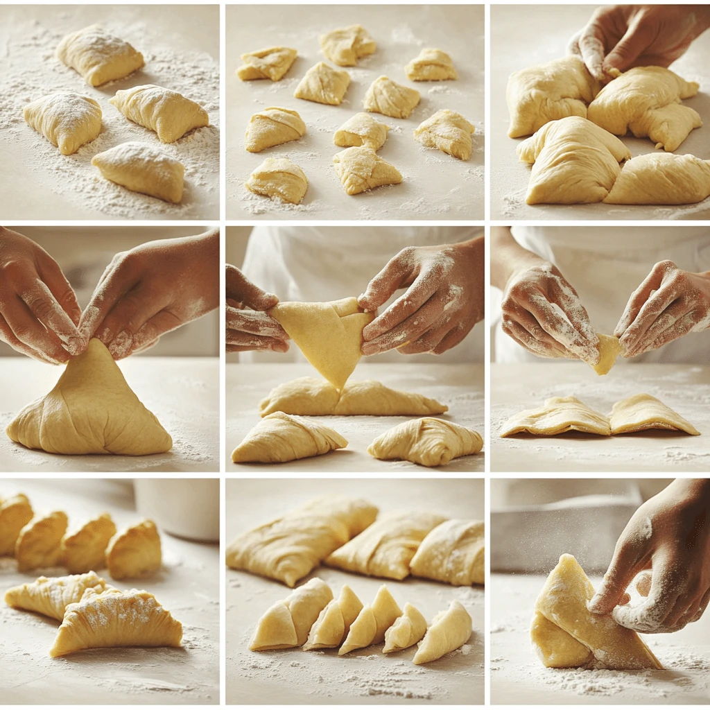 A step-by-step collage of making Gipfeli, showing hands shaping and folding dough into crescent shapes, with flour sprinkled across a light work surface.