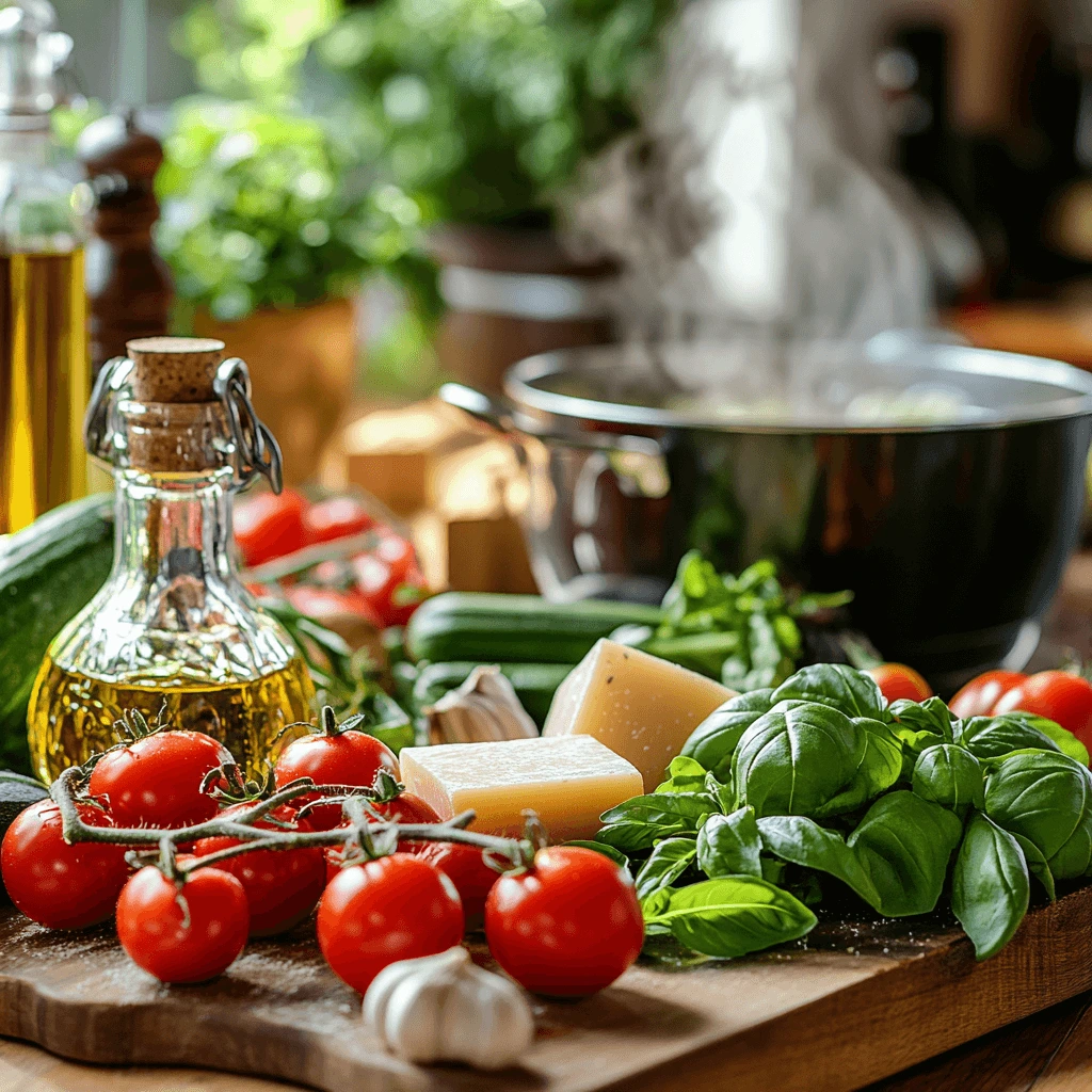 A rustic kitchen counter with fresh basil, cherry tomatoes, garlic, Parmesan cheese, and a steaming pot of pasta in the background.