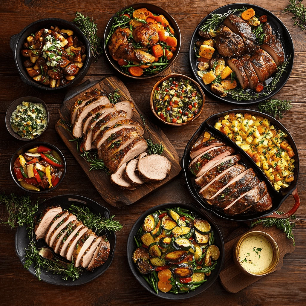 A vibrant display of various pan roast dishes, including chicken, beef, and vegetable options, arranged on a rustic table.