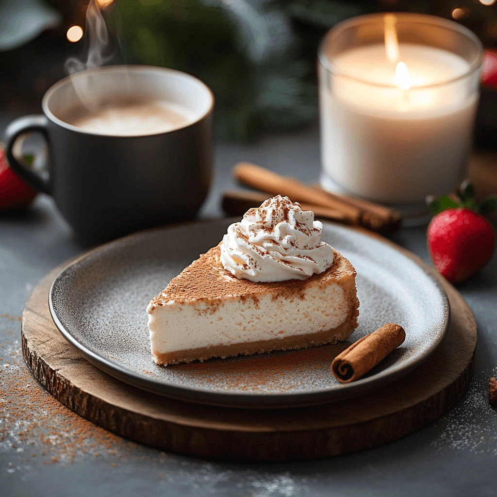 A slice of cinnamon roll cheesecake topped with whipped cream and cinnamon, served with a cup of steaming chai latte.