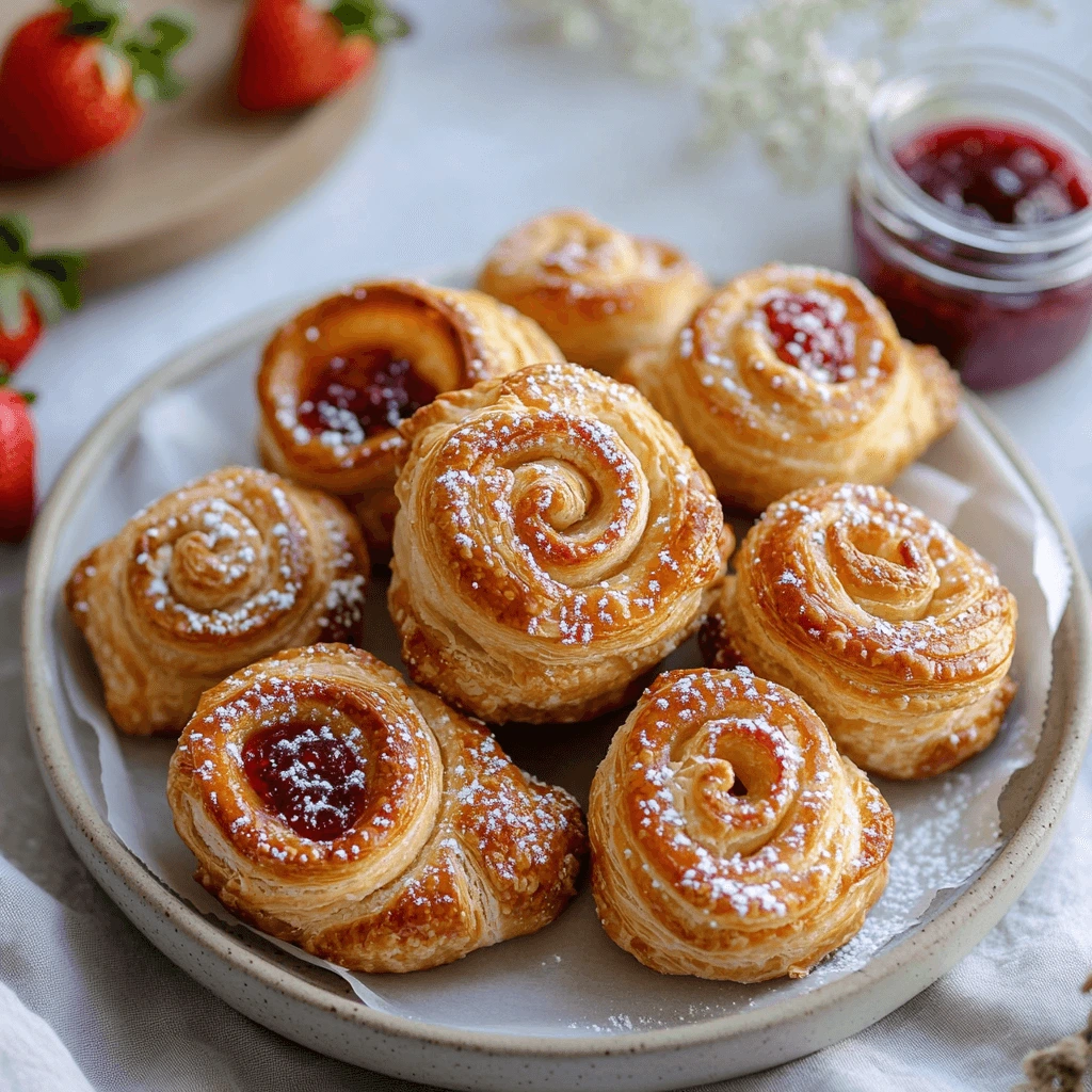 A plate of quick and easy puff pastry pinwheels filled with jam and dusted with powdered sugar, accompanied by fresh strawberries.