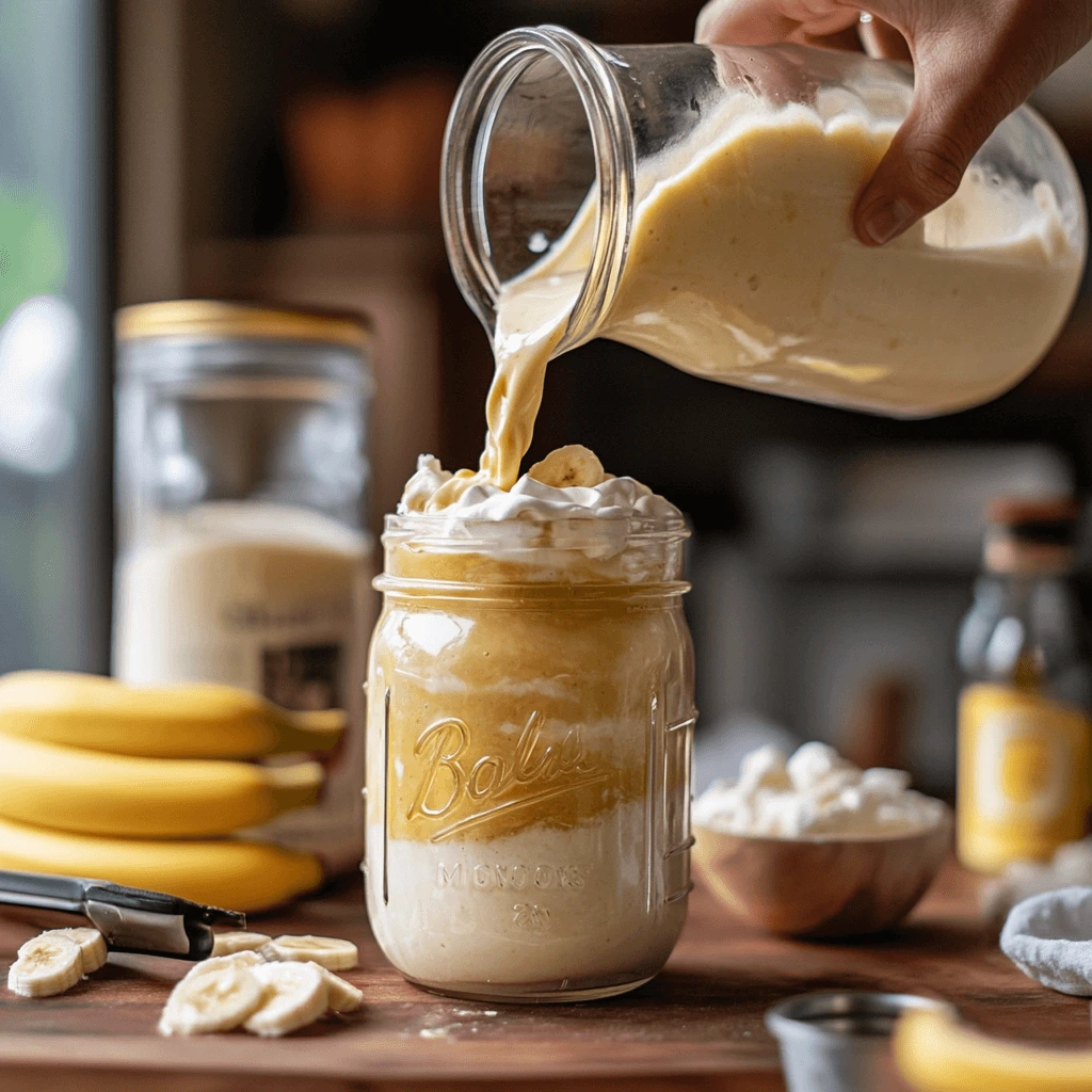 Pouring creamy banana pudding moonshine into a mason jar, topped with whipped cream and banana slices, surrounded by fresh bananas and dessert ingredients.