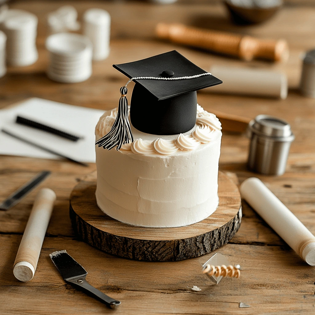 A homemade cake with buttercream frosting and fondant graduation cap decorations on a rustic table.