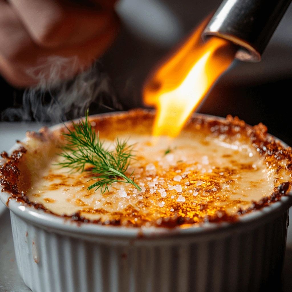 A close-up of a crab brulee being caramelized with a blow torch, topped with dill and flaky sea salt.