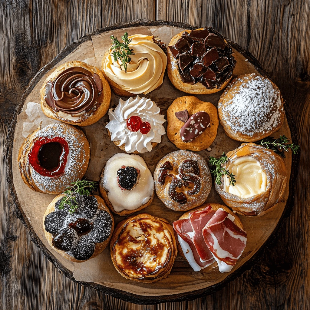 A platter of sweet and savory Gipfeli with fillings like chocolate, cream, jam, and ham, arranged beautifully and garnished with herbs.