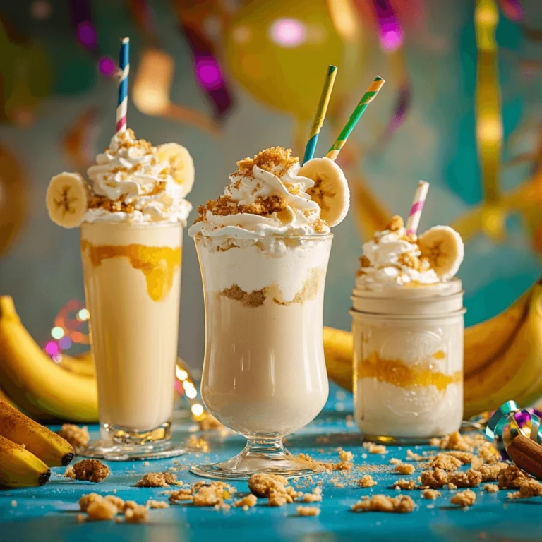 Three variations of creamy dessert drinks in decorative glasses with festive toppings, set against a vibrant party-themed background.