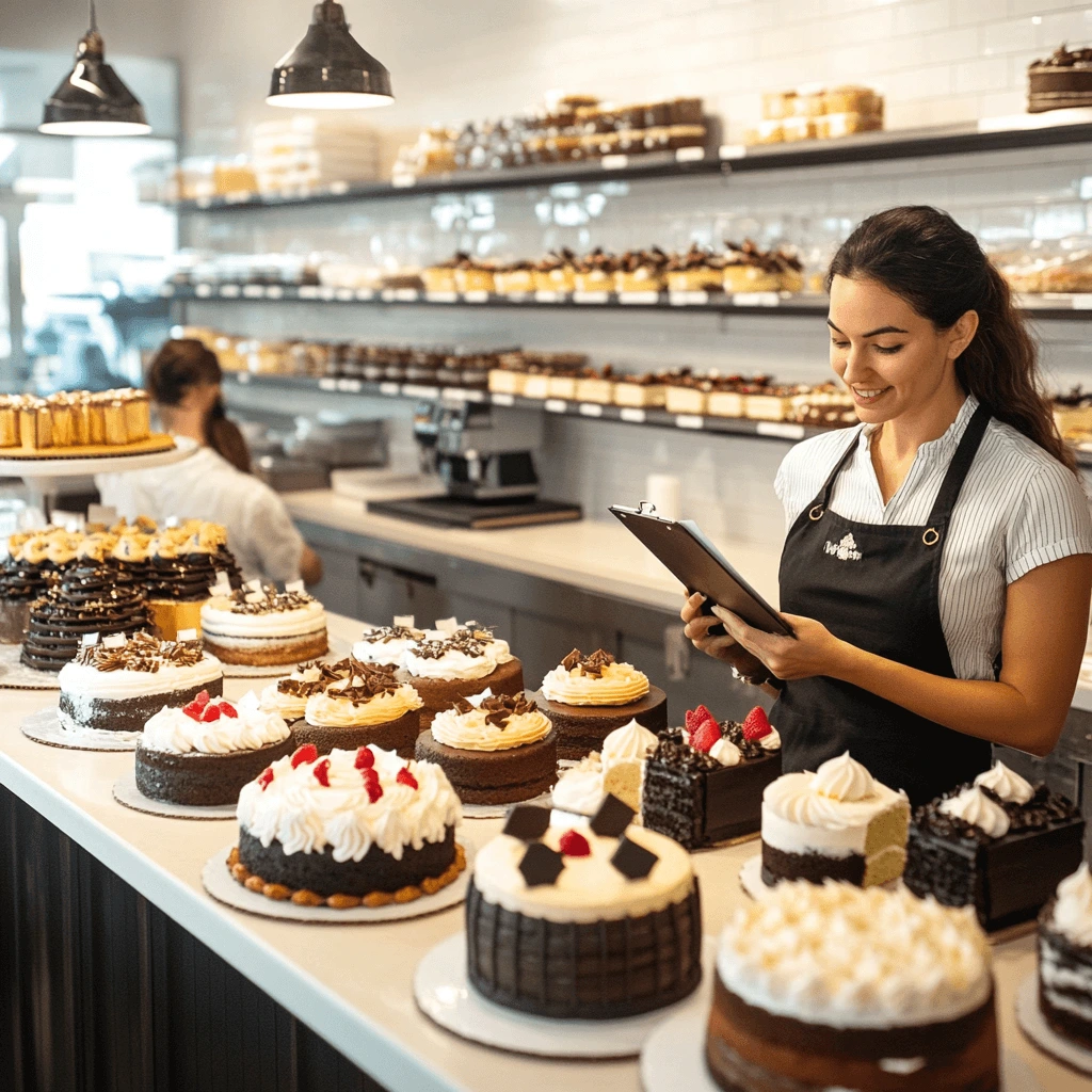 A bakery counter showcasing a variety of cakes with a baker consulting a customer.