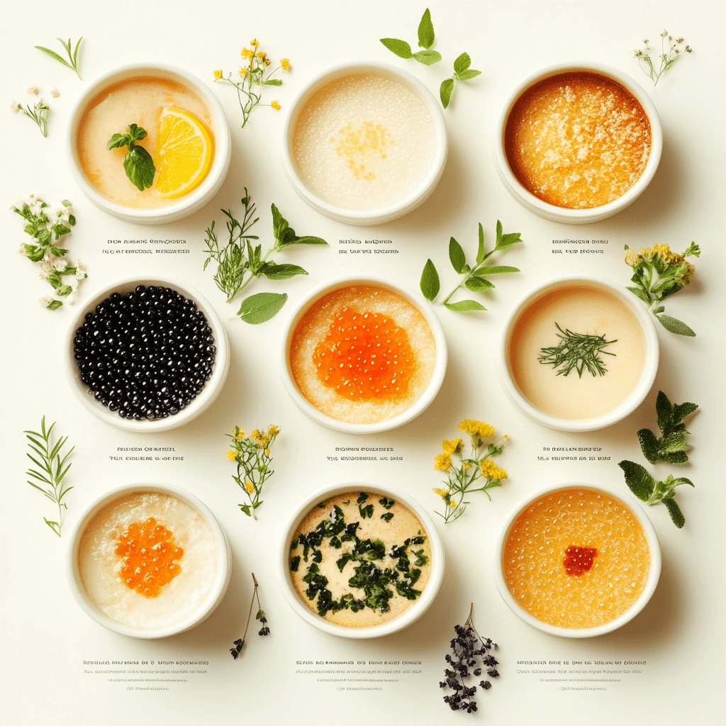 A variety of crab brulee ramekins with unique garnishes like caviar, herbs, and lemon zest, arranged on a white surface.