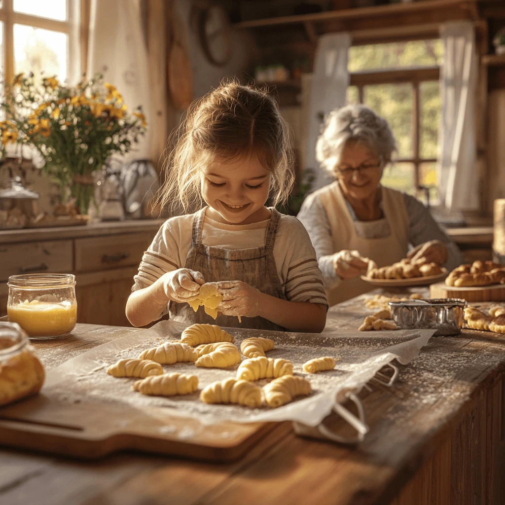 A joyful family baking scene with a child shaping dough and an elder preparing pastries in a rustic kitchen.