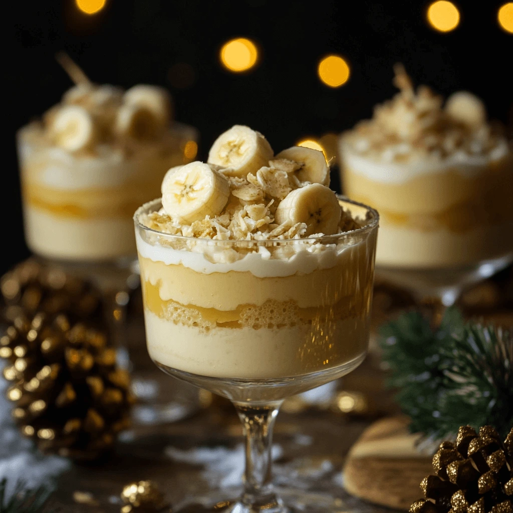 Elegant banana pudding moonshine in a decorative glass, layered with creamy pudding, banana slices, and topped with granola and whipped cream, set against a festive background with golden lights.