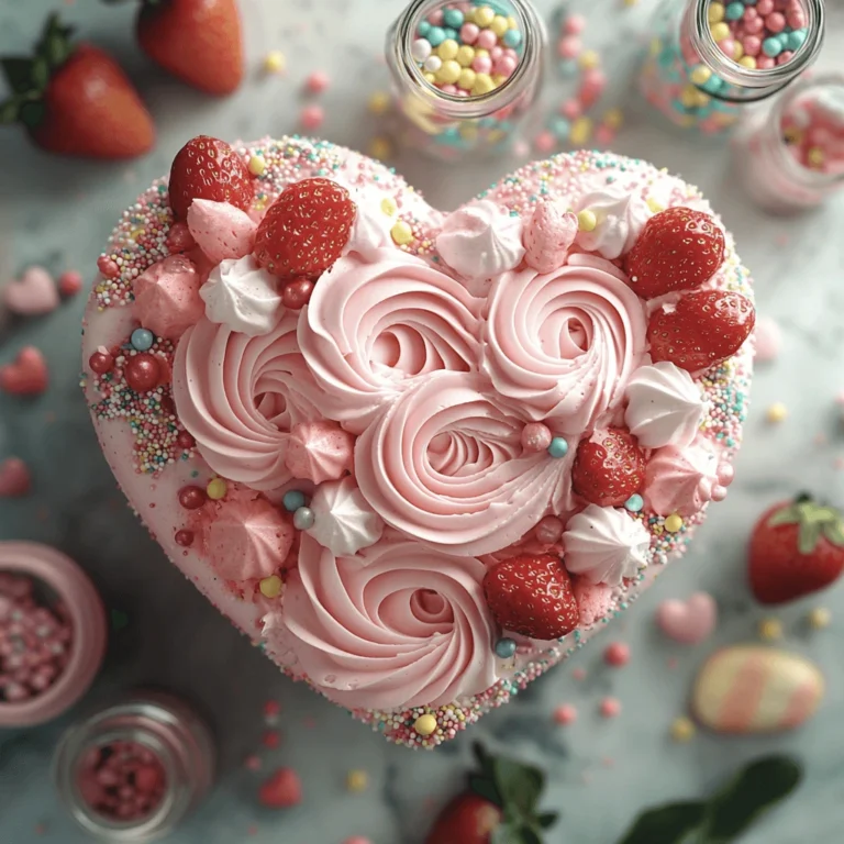 Overhead view of a pink heart-shaped cake topped with rosettes, strawberries, and colorful sprinkles.