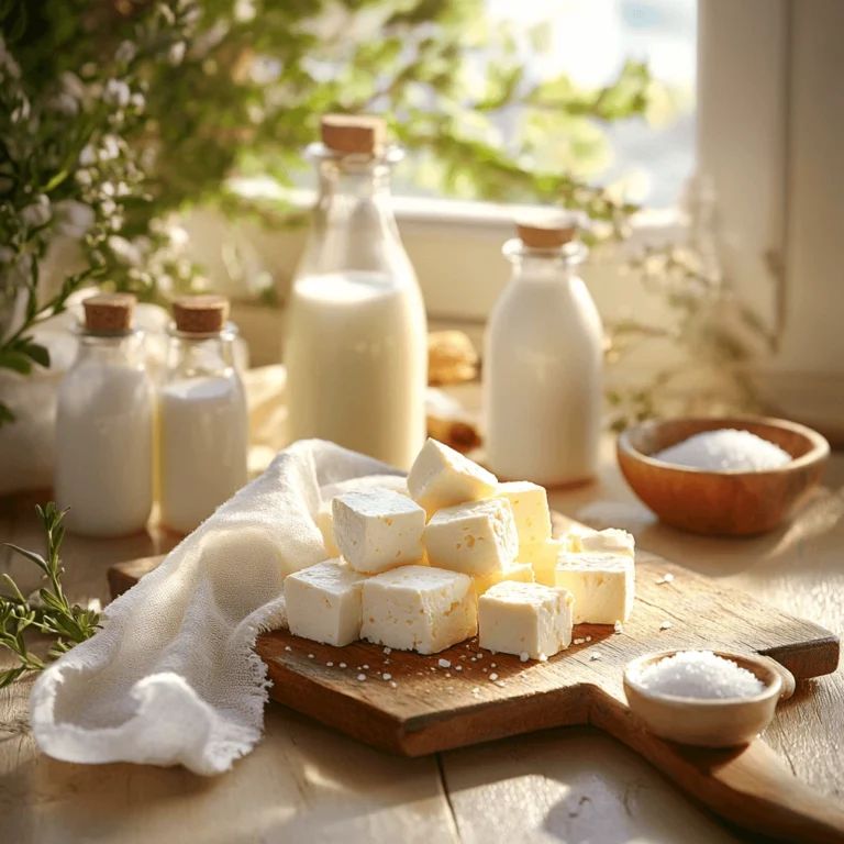 A rustic Greek kitchen table with fresh feta cheese in brine, milk bottles, and cheesecloth.