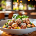 A bowl of Wagyu meatballs served over pasta with marinara sauce, topped with grated Parmesan and fresh basil, in a cozy restaurant setting.