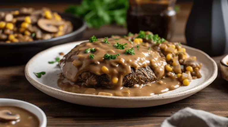 A plate of Amish Hamburger Steak Bake smothered in rich mushroom gravy, served with sautéed onions, corn, and fresh parsley on a rustic wooden table.