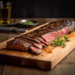 A perfectly cooked sous vide skirt steak sliced on a wooden cutting board, showcasing a juicy medium-rare center with a rich brown crust.