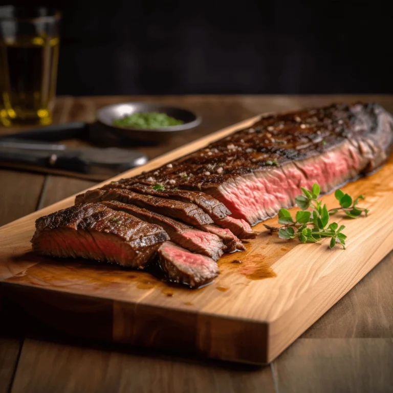 A perfectly cooked sous vide skirt steak sliced on a wooden cutting board, showcasing a juicy medium-rare center with a rich brown crust.