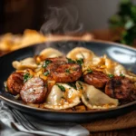 A steaming plate of pierogies and kielbasa, topped with caramelized onions and fresh parsley, served on a black dish.